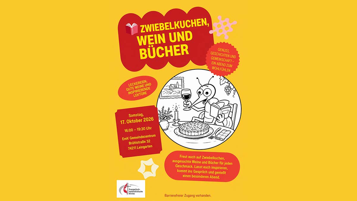 Einladungsplakat Zwiebelkuchen, Wein und Bücher